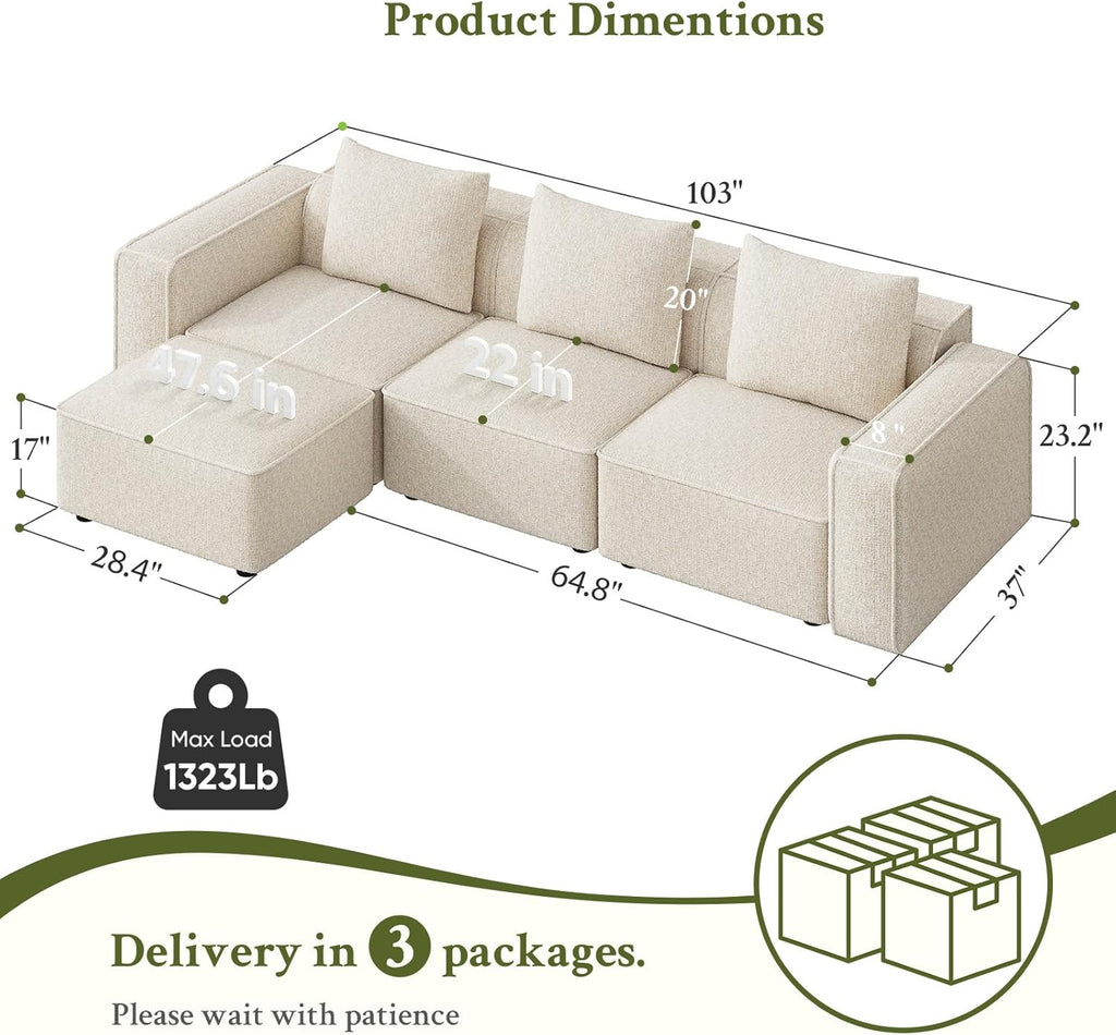 Welzona 103" Modular Sectional Sofa, Minimalist Comfy Cloud Couch Sectional, Tool-Free Setup Couches for Living Room, Wood Frame l Shaped Couch with Ottoman, 22" Deep Seat Chenille Cloud Sofa
