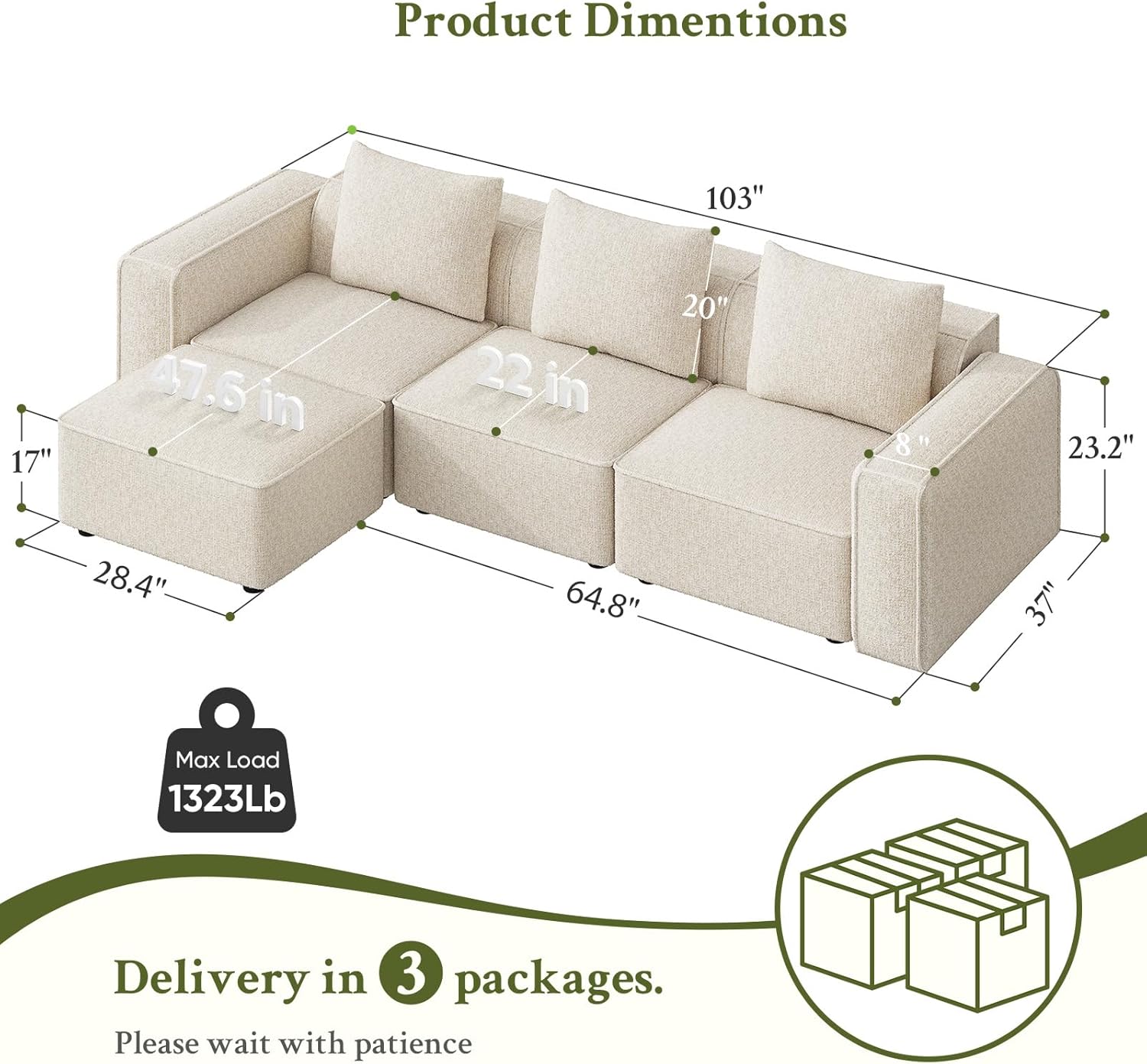Welzona 103" Modular Sectional Sofa, Minimalist Comfy Cloud Couch Sectional, Tool-Free Setup Couches for Living Room, Wood Frame l Shaped Couch with Ottoman, 22" Deep Seat Chenille Cloud Sofa