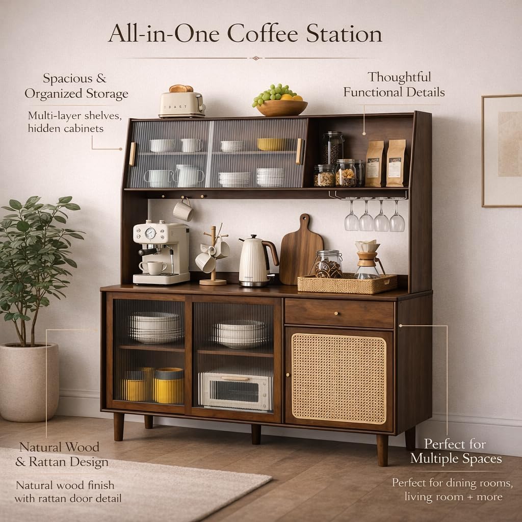 Welnown Kitchen Hutch Cabinet with Countertop, 69" Tall Pantry Storage Cabinet, Rattan Solid Wood Buffet Sideboard, Entryway Storage Table for Living Room, Dining Room, Walnut