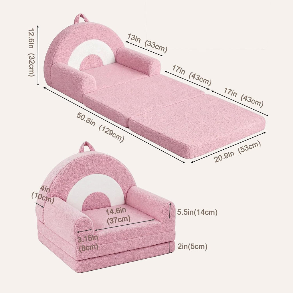 Rainbow Kids Couch, 2-in-1 Fold Out Toddler Couch Sofa, Soft Fleece Kids Chair, Convertible Sofa to Lounger for Girls Boys Bedroom, Playroom, Reading Nook, Pink