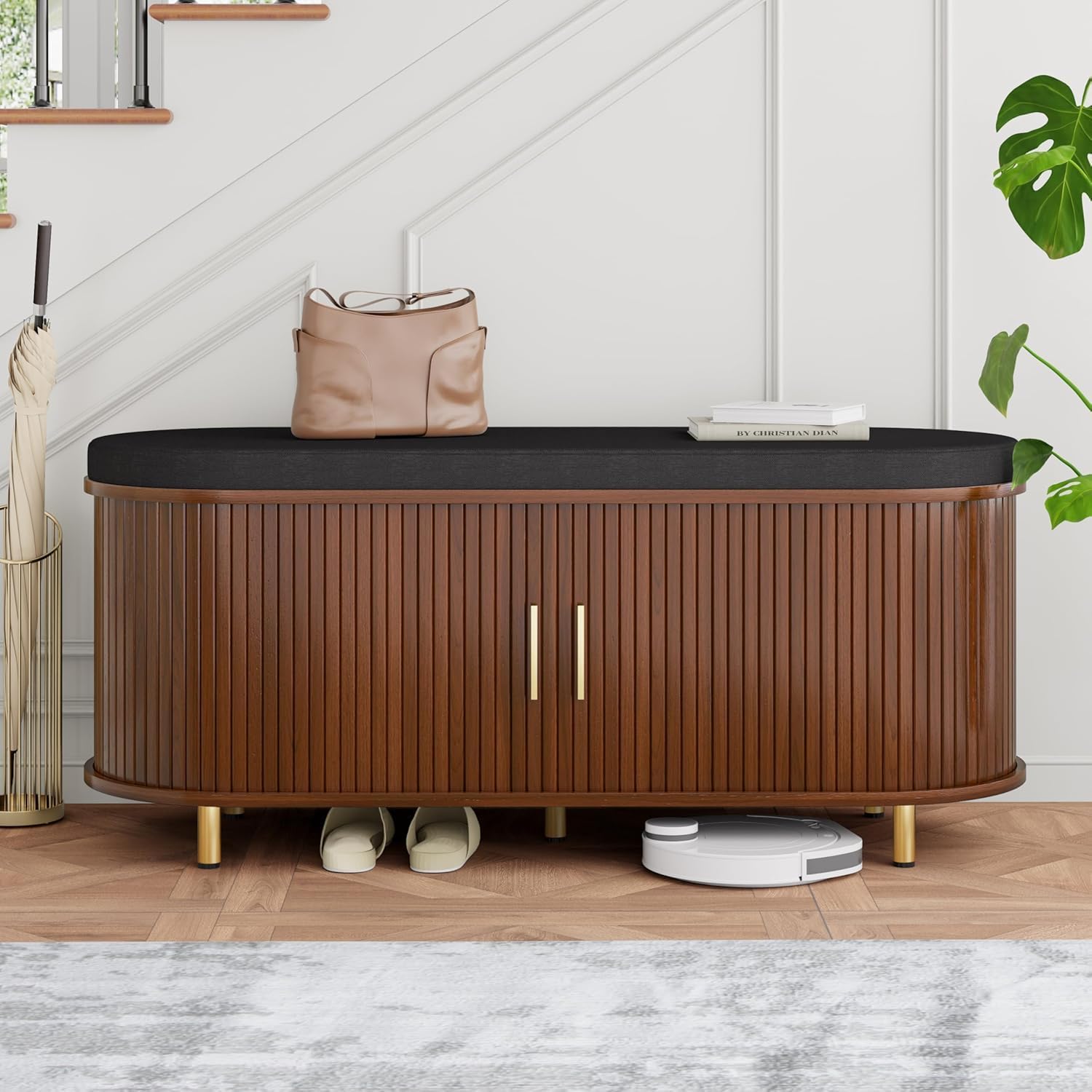 Entryway Bench with Storage: 43.31" Wooden Bedroom Shoe Bench with Thickened Padded Seat Cushion, Mid Century Modern Fluted Sliding Door and Adjustable Shelf, for Entryway, Living Room