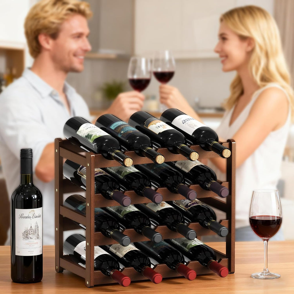 Wine Rack 16-Bottle Capacity, Space-Saving Countertop Wine Storage Organizer – Sturdy Bamboo Wine Holder for Kitchen, Bar,Cabinets & Pantry, Easy Access & Clutter-Free Organization(4-Tiers)