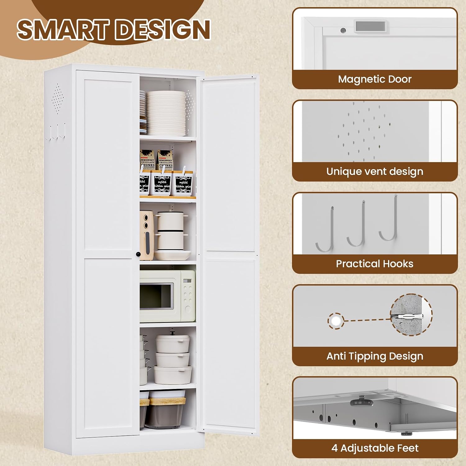Metal Storage Cabinet, 72" Tall Kitchen Pantry Cabinet with 2 Doors and 5 Adjustable Shelves, White Steel Storage Cupboard for Dining, Office, Living Room, Bathroom
