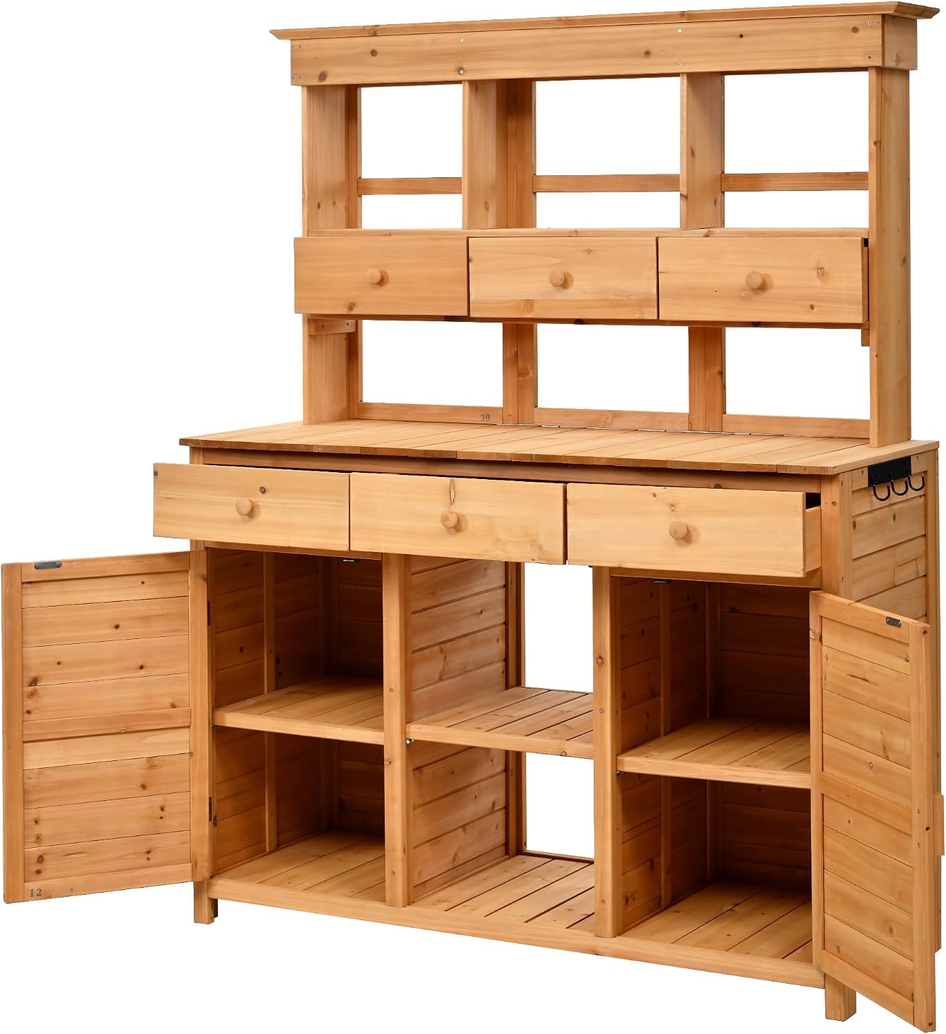 LUMISOL Garden Potting Bench Table with Hutch, Solid Fir Wood Patio Storage Workstation with 3 Shelves, 6 Drawers, 2 Bottom Cabinet and Side Hooks for Mudroom, Doorway, Natural