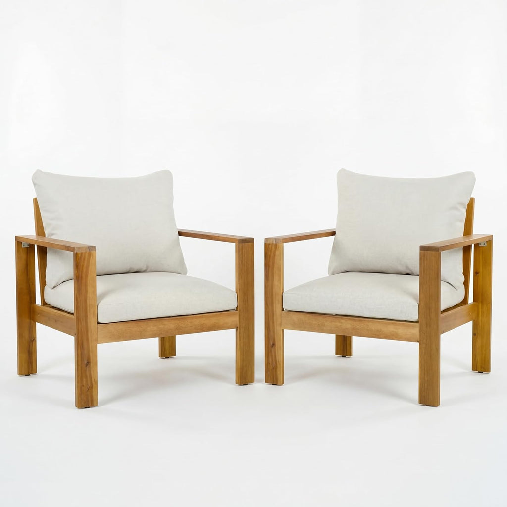 Merax 2 Piece Outdoor Patio Single Acacia Wood Chair with Water-Repellent Cushion, Transitional Lounge Armchair for Garden, Deck & Poolside