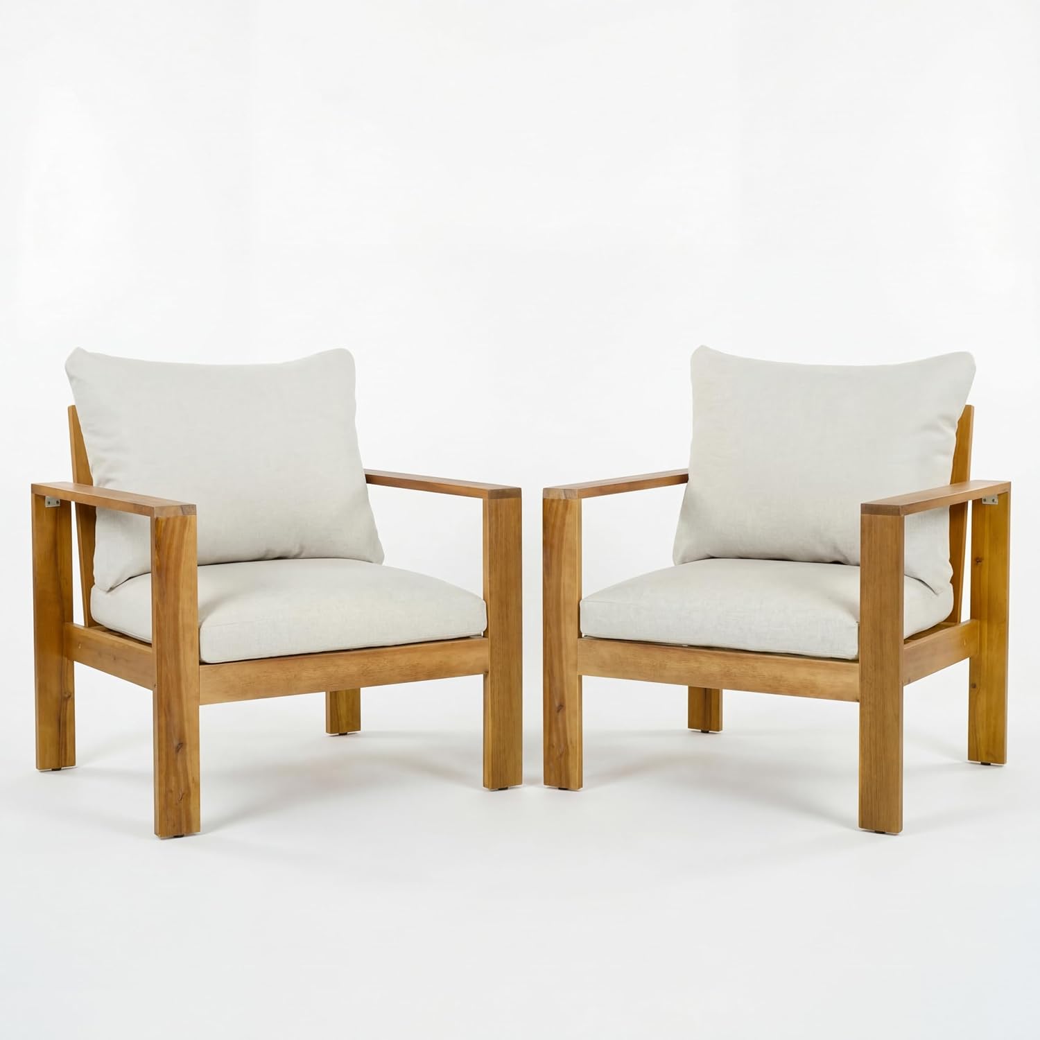 Merax 2 Piece Outdoor Patio Single Acacia Wood Chair with Water-Repellent Cushion, Transitional Lounge Armchair for Garden, Deck & Poolside