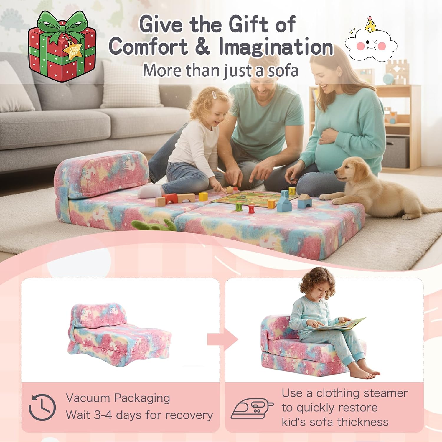 Tiita Folding Sofa Bed for Kids, Toddler Fold Out Couch Bed with Removable Cover, Kids Futon Sleeper Chair Folding Beds Mattress for Children Room, Living Room, Guest Room,Colorful