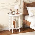 Round Side Table with Storage Shelf, 2 Tier Accent End Table with Spindle Legs, Modern Nightstand Beside Table for Living Room, Bedroom, Office, White