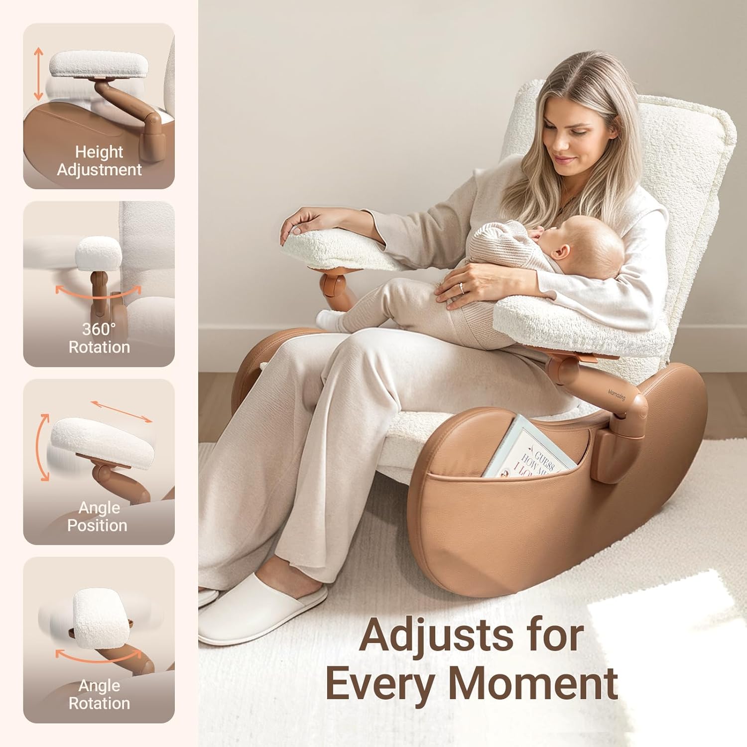 MAMAZING Lullabud Nursery Rocking Chair with Adjustable Armrests for Living Room, Upholstered Nursing Chair with Removable Cover for Breastfeeding(Brown/Beige)