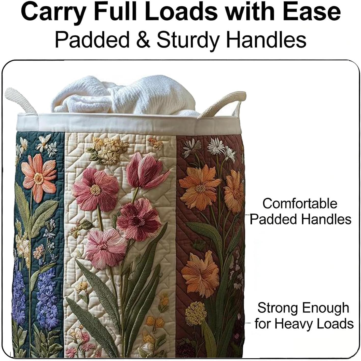 Quilted Laundry Basket with Handles, Collapsible Boho Floral Storage Bin, Large Soft Quilted Basket, Portable Organizer for Clothes, Toys, Blankets, Nursery, Bedroom, Laundry Room (Sheep, L)