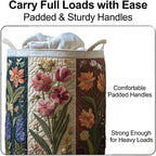 Quilted Laundry Basket with Handles, Collapsible Boho Floral Storage Bin, Large Soft Quilted Basket, Portable Organizer for Clothes, Toys, Blankets, Nursery, Bedroom, Laundry Room (Butterfly Bloom, L)
