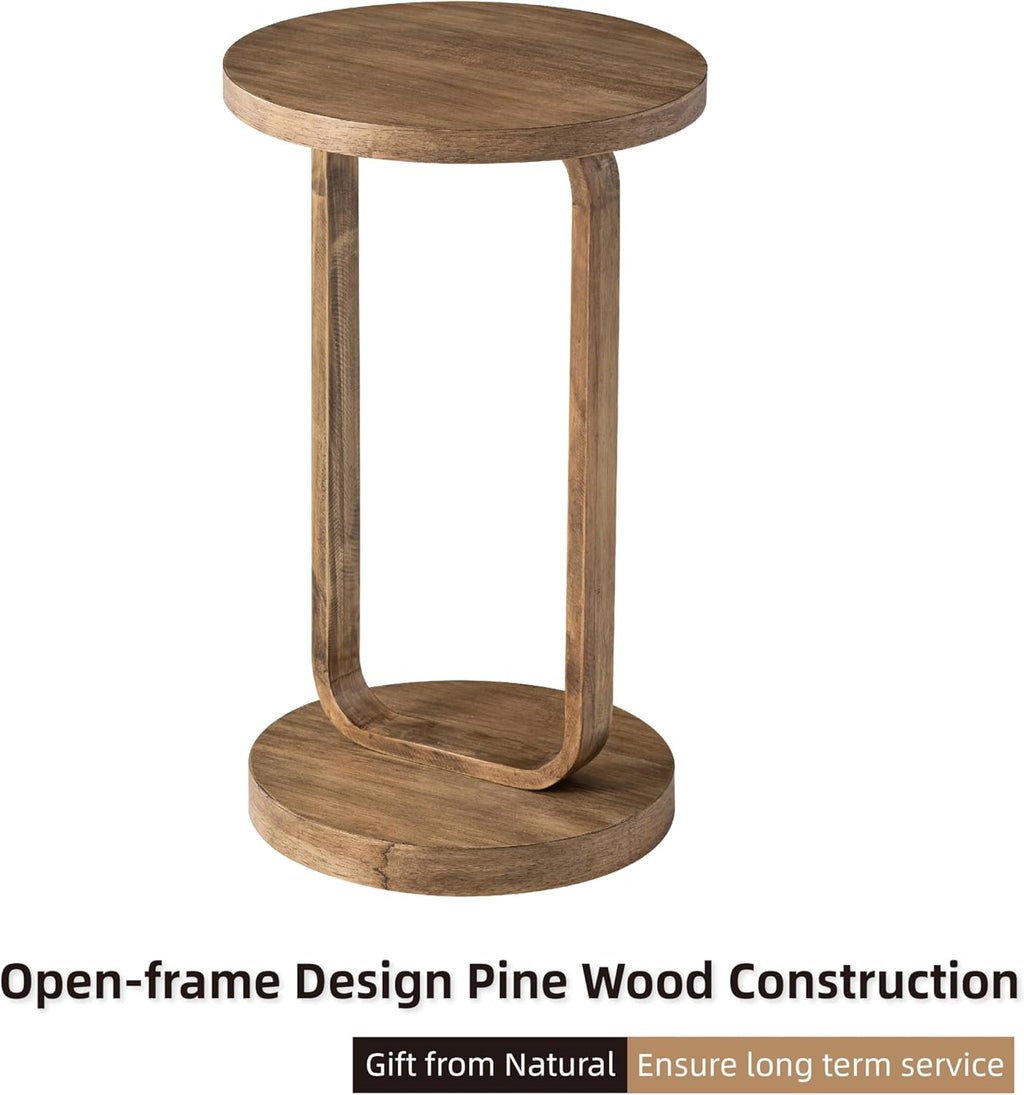 COZAYH Farmhouse Round End Table, Minimalist Small Drink Table, Rustic Plant Stand for Living Room or Bedroom, Boho, Natural Wood Color