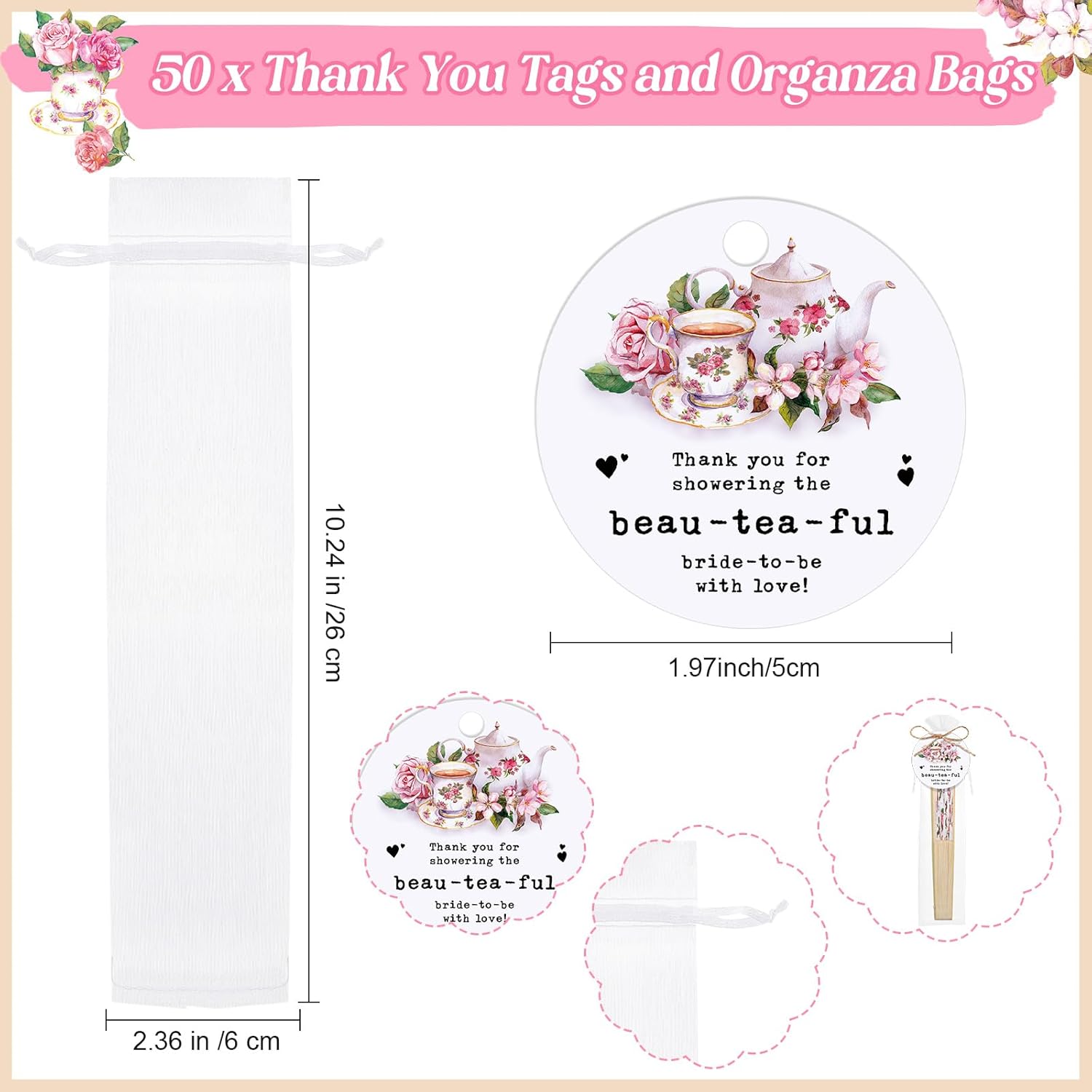 CroBlissful 30 Sets Off the Market Bridal Shower Favors Bamboo Folding Paper Hand Fans with Organza Bags and Thank You Tags Floral Market Themed Wedding Souvenirs for Guests