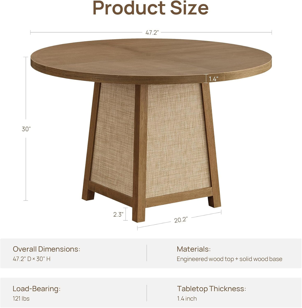 SICOTAS Round Wood Dining Table for 4, 47" Rattan Dining Room Table with Solid Wood Pedestal Base, Boho Circle Kitchen Table, Farmhouse Wicker Dinner Table for Dining Room Kitchen, Living Room, Oak