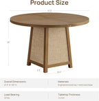 SICOTAS Round Wood Dining Table for 4, 47" Rattan Dining Room Table with Solid Wood Pedestal Base, Boho Circle Kitchen Table, Farmhouse Wicker Dinner Table for Dining Room Kitchen, Living Room, Oak