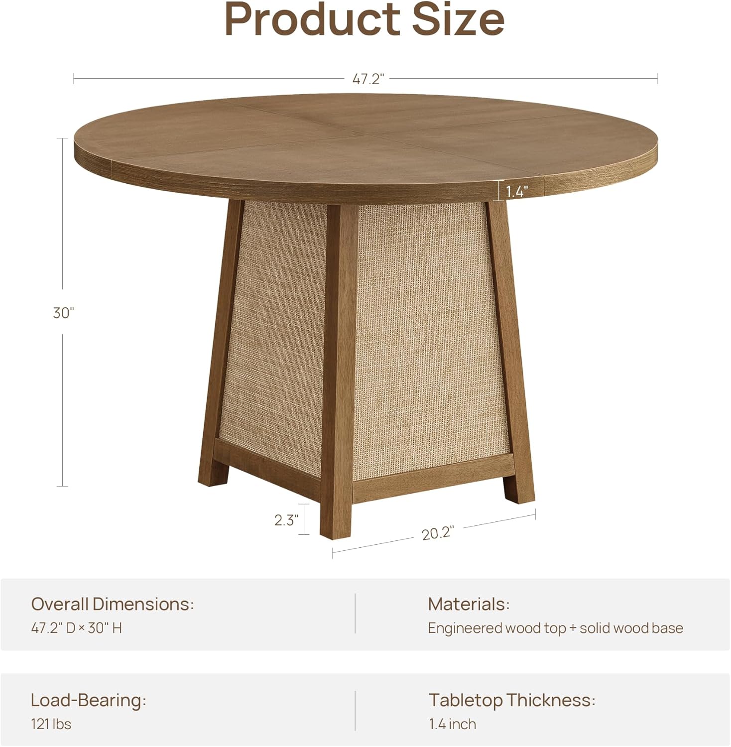 SICOTAS Round Wood Dining Table for 4, 47" Rattan Dining Room Table with Solid Wood Pedestal Base, Boho Circle Kitchen Table, Farmhouse Wicker Dinner Table for Dining Room Kitchen, Living Room, Oak