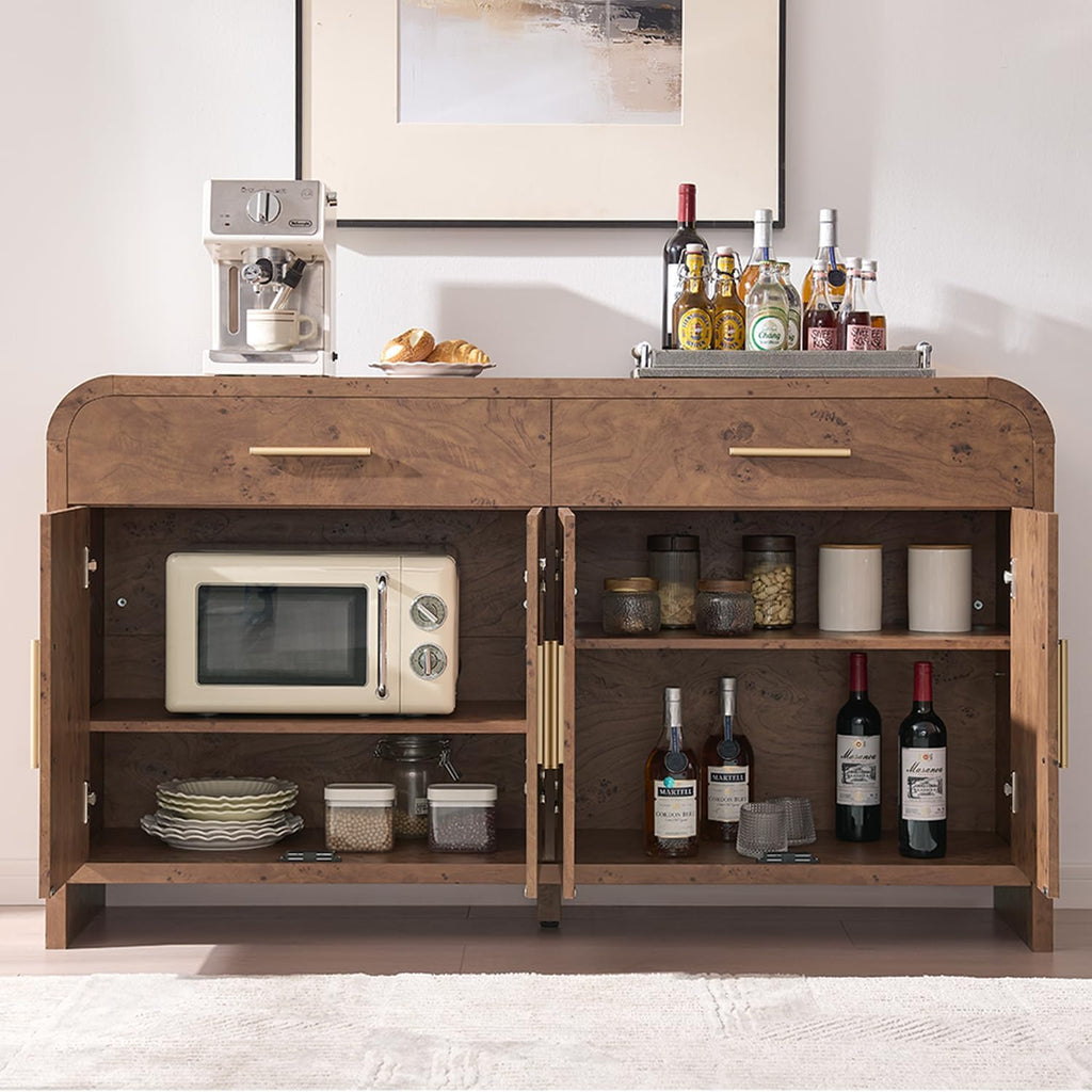 59" Sideboard Buffet Cabinet with Storage, Curved Sideboard Cabinet＆ Adjustable Shelves, FSC-Certified Wooden Board Modern Credenza Buffet Table Console Cabinets (Dark Burl)