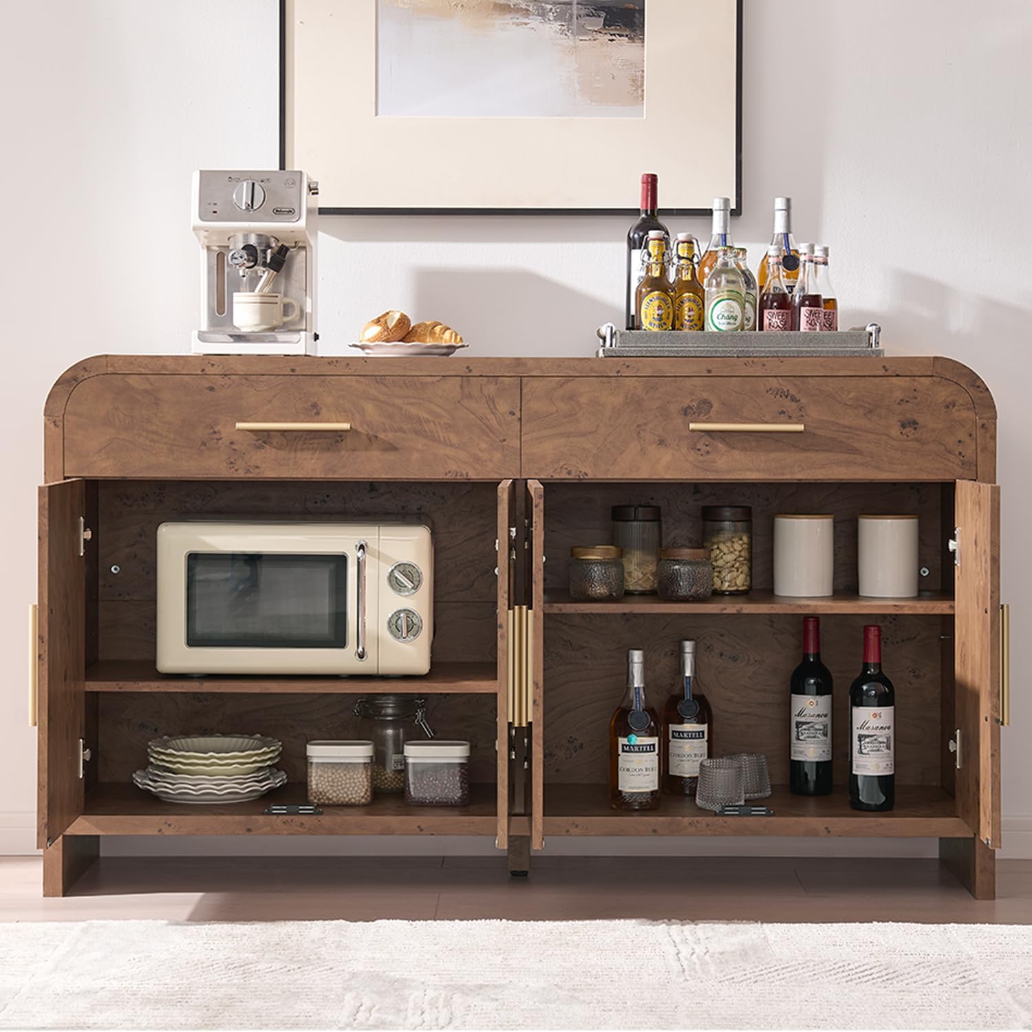 59" Sideboard Buffet Cabinet with Storage, Curved Sideboard Cabinet＆ Adjustable Shelves, FSC-Certified Wooden Board Modern Credenza Buffet Table Console Cabinets (Dark Burl)