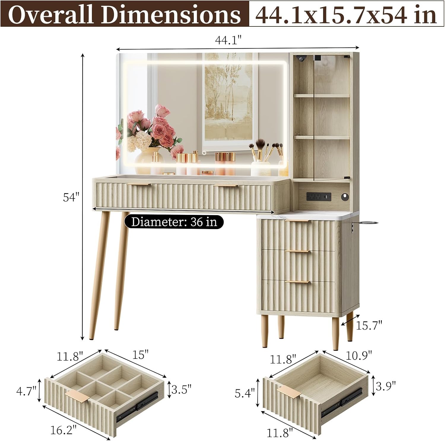 44'' Fluted Makeup Vanity Desk with 36" LED Mirror & Charging Station