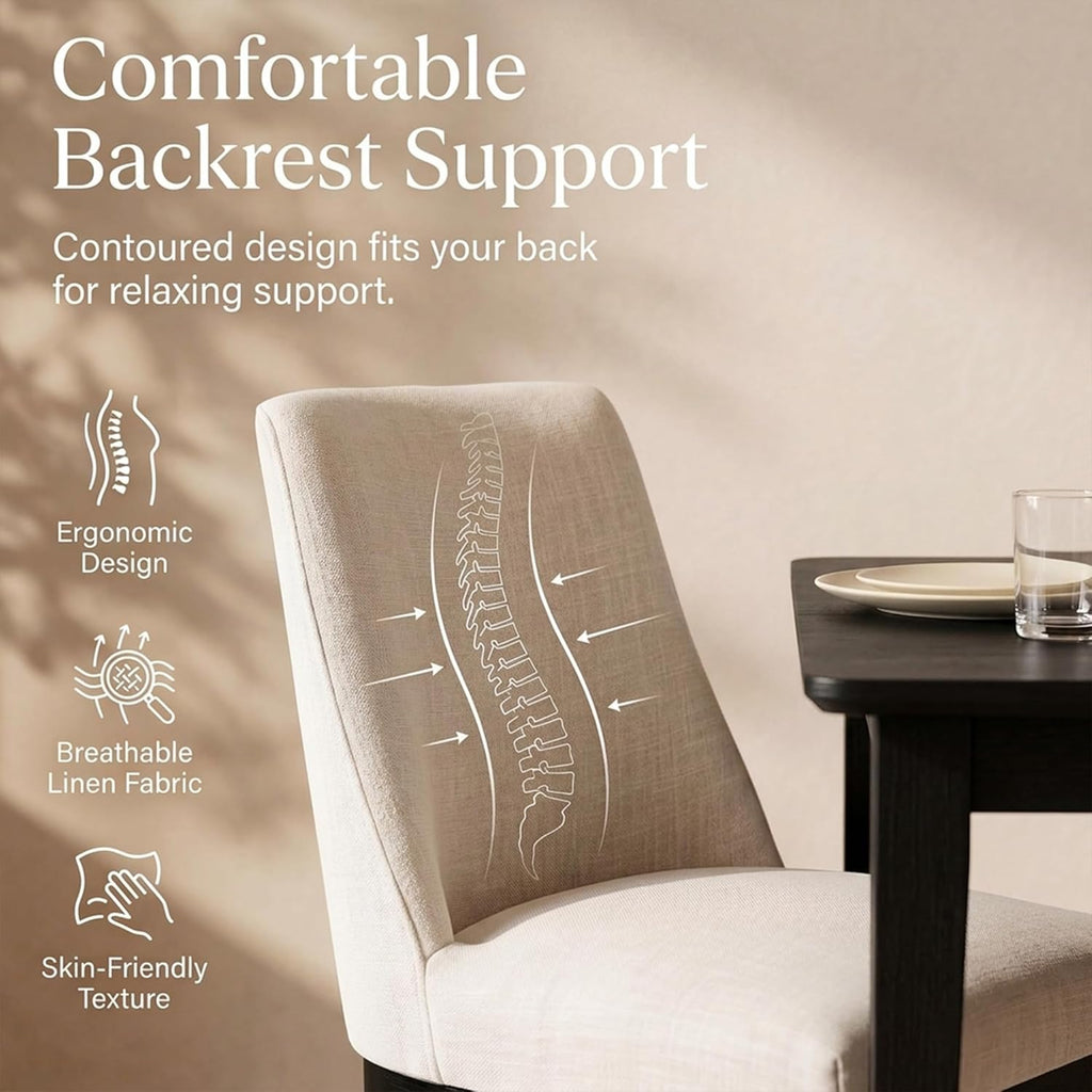 HNY Modern Dining Chairs Set of 2 with Comfortable Back Support, Farmhouse Soft Linen Upholstered Dining Room Chairs with Black Solid Wood Legs, Armless Kitchen Side Chairs for Living Room, Beige