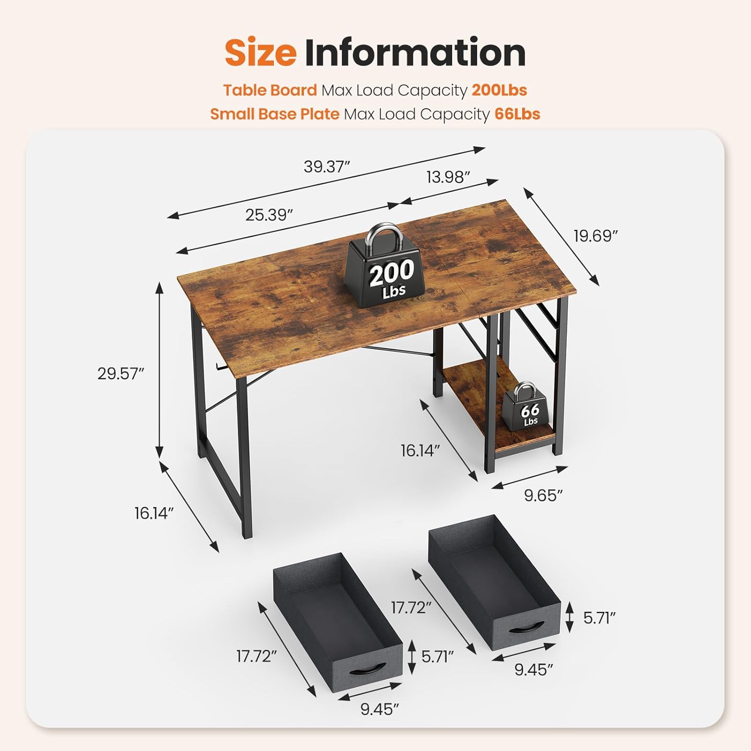 Sweetcrispy 40 Inch Computer Desk with Drawers for Home Office Writing Desk X Shaped Reinforcement Wood Surface Adjustable Position Modern Study Work Side Hook Metal Frame Storage Station Rust