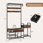 Tangkula Hall Tree with Bench and Shoe Storage, Industrial Coat Rack with Shoe Storage, 12 Hooks & Drawer, Multifunctional Shoe Rack with Cushioned Seat & Hanging Rod for Entryway, Bedroom, Hallway