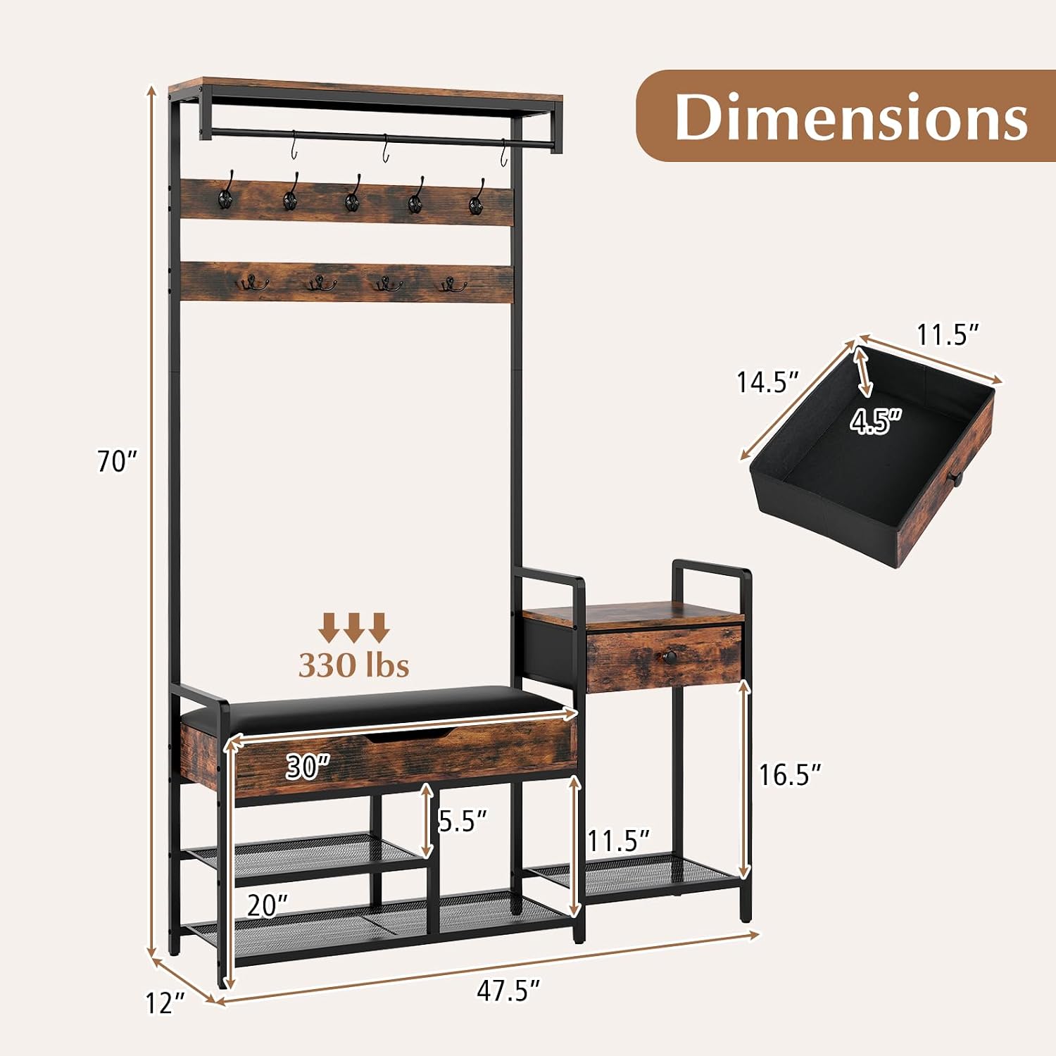 Tangkula Hall Tree with Bench and Shoe Storage, Industrial Coat Rack with Shoe Storage, 12 Hooks & Drawer, Multifunctional Shoe Rack with Cushioned Seat & Hanging Rod for Entryway, Bedroom, Hallway