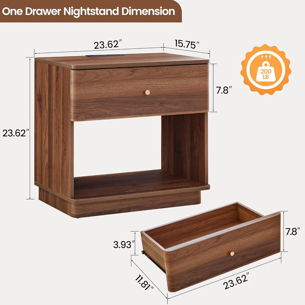 FurSch Modern End Table with Charging Station for Living Room, Wood Side Table with Drawer & Storage Shelf for Bedroom Couch Sofa (Walnut-1 pc)