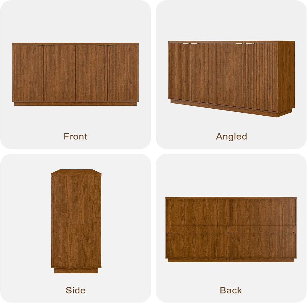 Fluted Sideboard Buffet Cabinet, 63" Wooden Credenza Storage Cabinet with 4 Doors and Adjustable Shelves, Fluted Sideboard Cabinet for Kitchen, Living Room, Brown