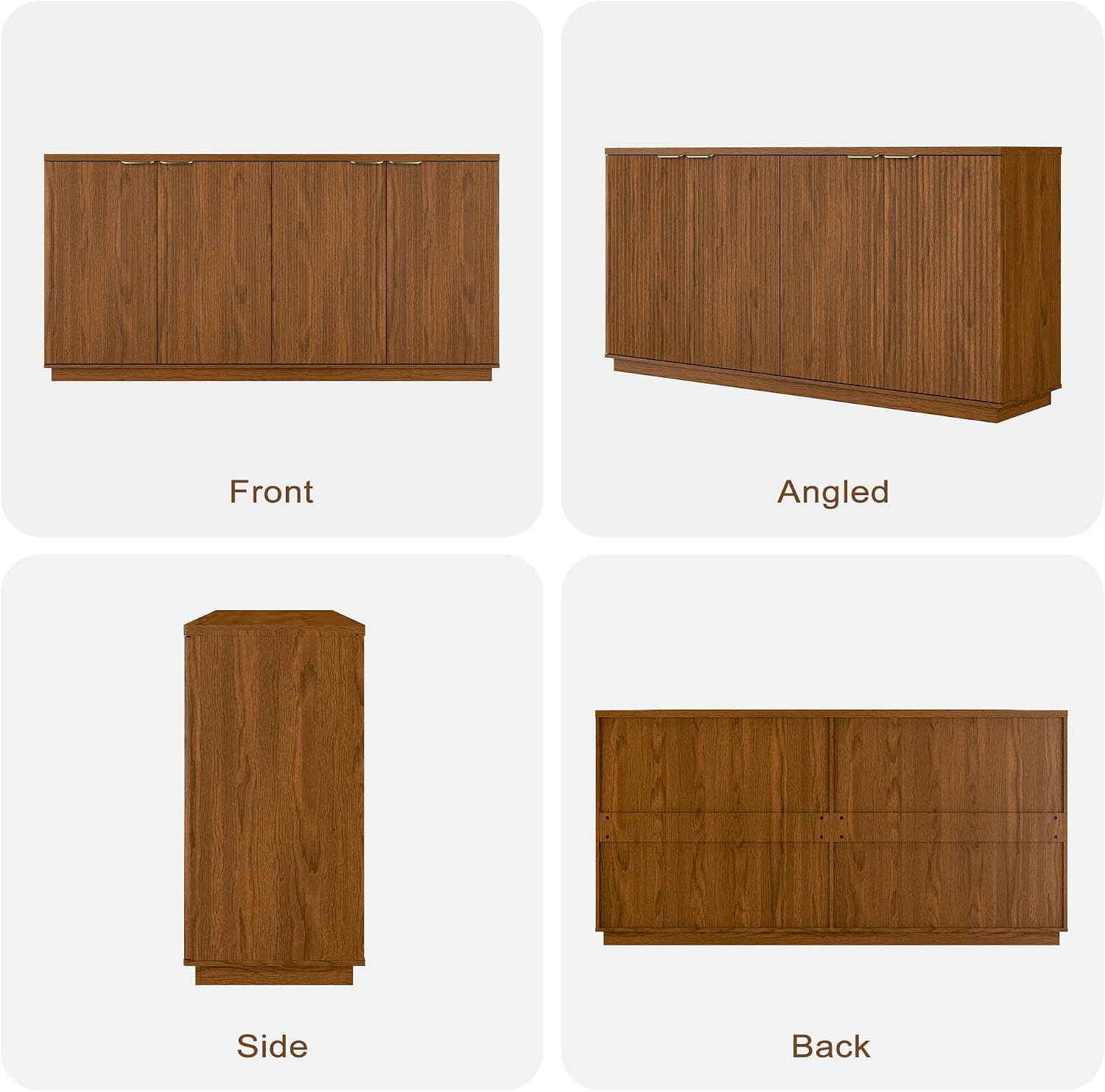 Fluted Sideboard Buffet Cabinet, 63" Wooden Credenza Storage Cabinet with 4 Doors and Adjustable Shelves, Fluted Sideboard Cabinet for Kitchen, Living Room, Brown