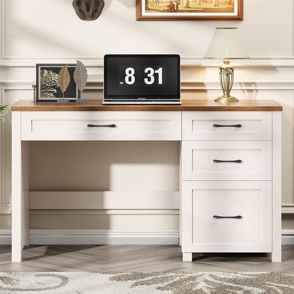 Vabches Farmhouse 47" Executive Desk with 4 Drawers, Computer Desk with File Drawer and Charging Station, Workstation for Home Office, Study. Unique White.