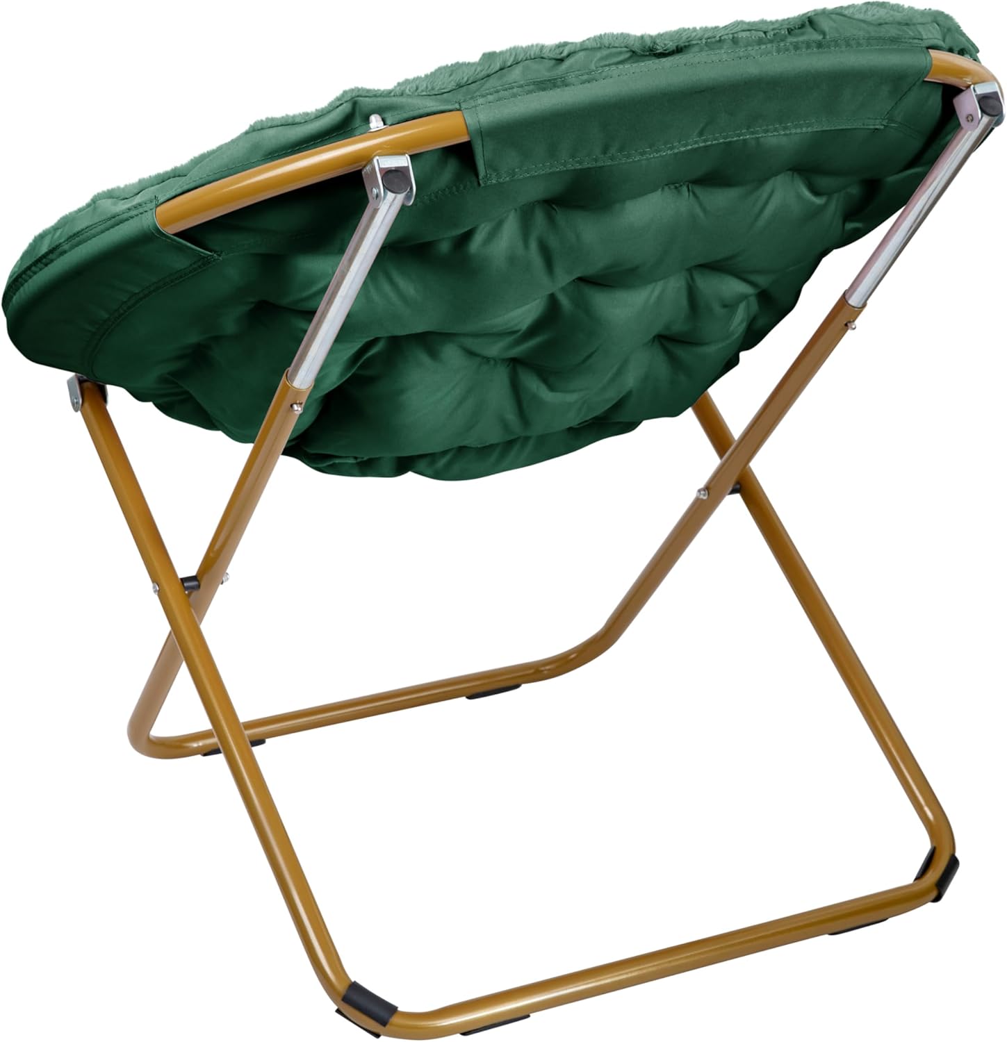 EMMA + OLIVER Ersa Oversize Folding Saucer Chair - Emerald Faux Fur Moon Chair - Soft Gold Metal Frame - 38" Portable Folding Chair - for Dorm and Bedroom