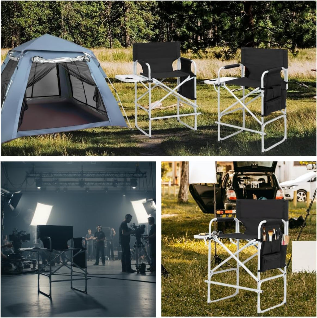 26.5" High Folding Directors Chair with Footrest, Side Table & Cup Holders - Portable for Camping, Fishing, Makeup Studios, and Indoor/Outdoor Use (Black)