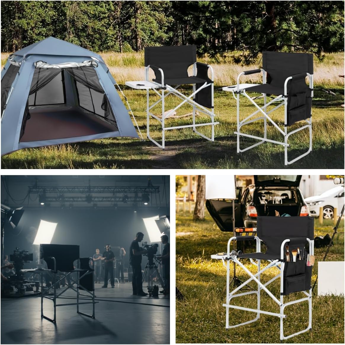 26.5" High Folding Directors Chair with Footrest, Side Table & Cup Holders - Portable for Camping, Fishing, Makeup Studios, and Indoor/Outdoor Use (Black)