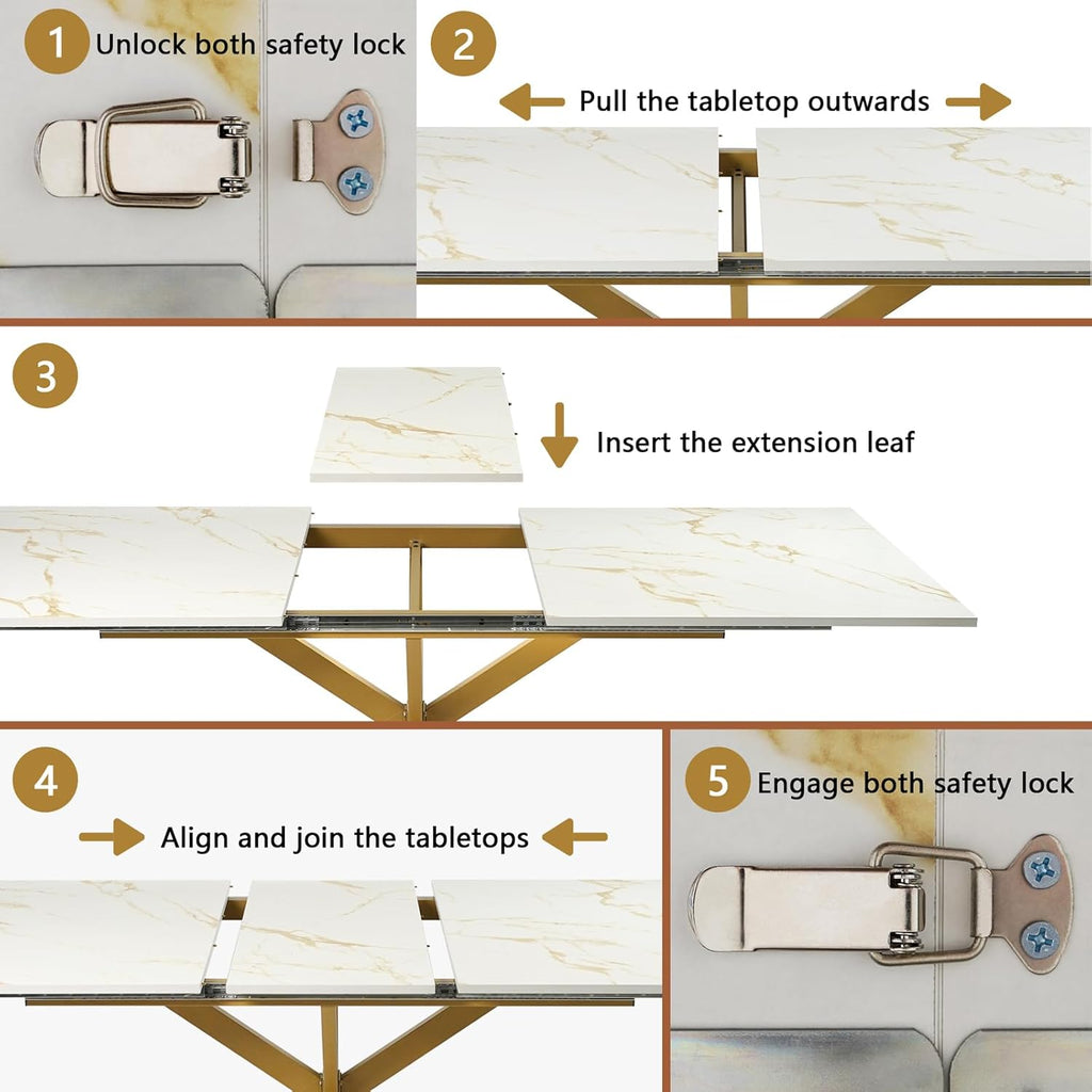 63"-79" Extendable Dining Table for 6-10 People, Modern Rectangle Extendable Kitchen Table with Gold Faux Marble Tabletop and Gold Metal Cross Legs for Restaurant/Dining Room/Kitchen/Living Room