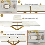 63"-79" Extendable Dining Table for 6-10 People, Modern Rectangle Extendable Kitchen Table with Gold Faux Marble Tabletop and Gold Metal Cross Legs for Restaurant/Dining Room/Kitchen/Living Room