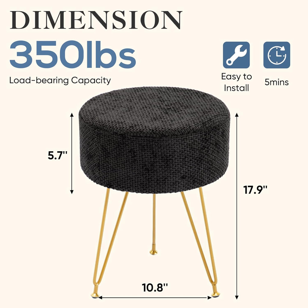 DUMOS Vanity Stool, Velvet Vanity Chair for Makeup Room, Round Ottoman Foot Rest with Gold Metal Legs, Makeup Dressing Table Seat for Bedroom, Living Room, Entryway, Black