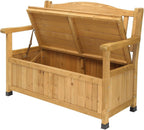 Outdoor Wooden Storage Bench, 44 Inch Patio Storage Loveseat with Armrest, Natural Acacia Wood Deck Box with Seating, Garden Organizer Bench for Backyard Poolside