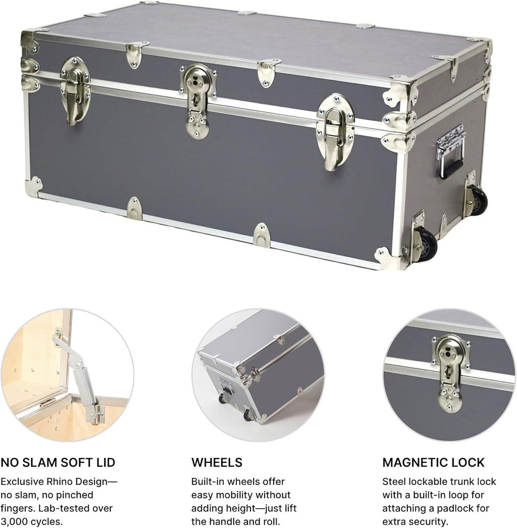 Rhino Trunk & Case Large Essential Trunk With Wheels 32”x18”x14”, 1000+ lbs Capacity - Many Colors. Strong, USA Made Summer Camp Footlocker, and Secure College Dorm Storage Chest