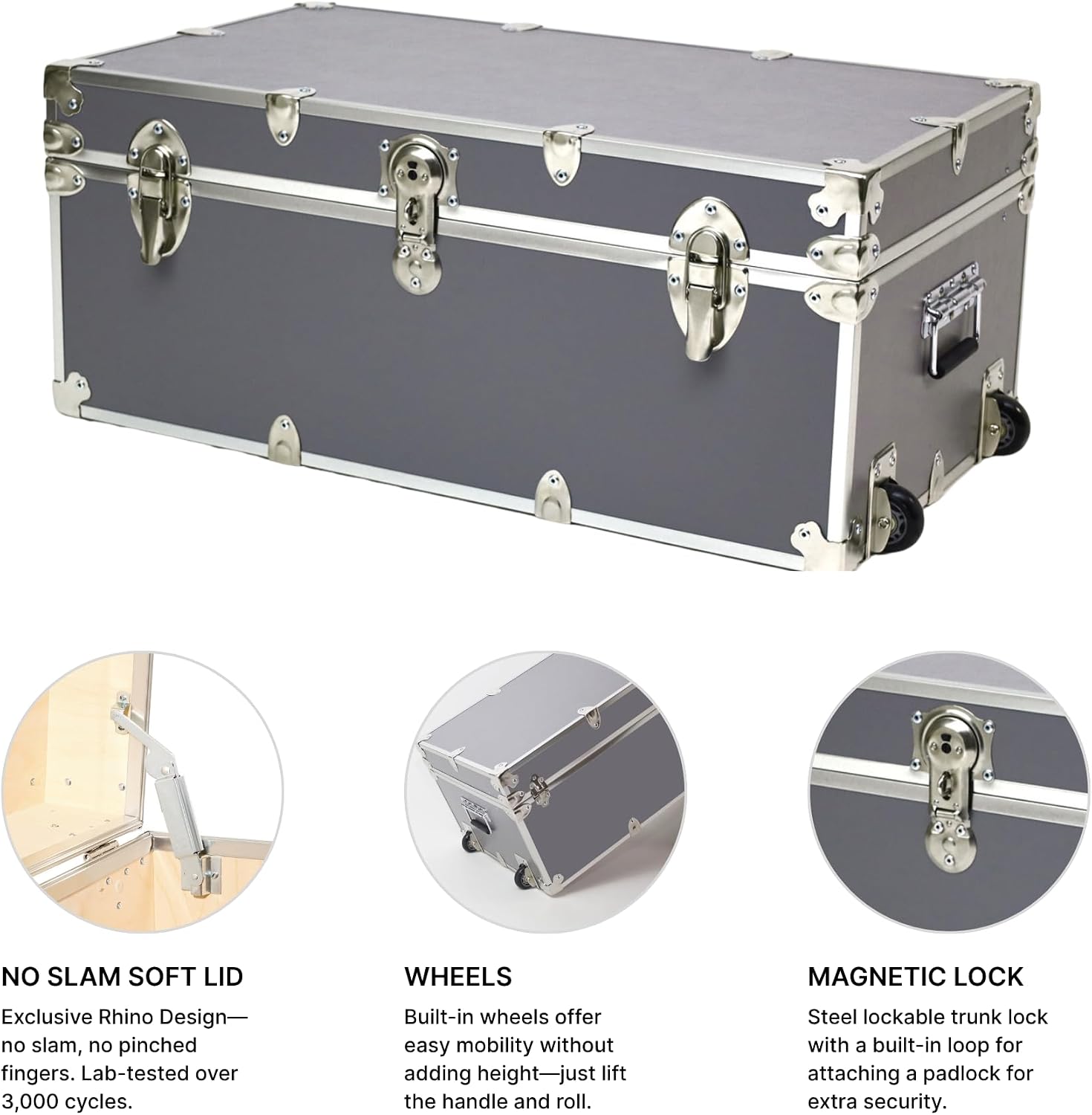 Rhino Trunk & Case Large Essential Trunk With Wheels 32”x18”x14”, 1000+ lbs Capacity - Many Colors. Strong, USA Made Summer Camp Footlocker, and Secure College Dorm Storage Chest