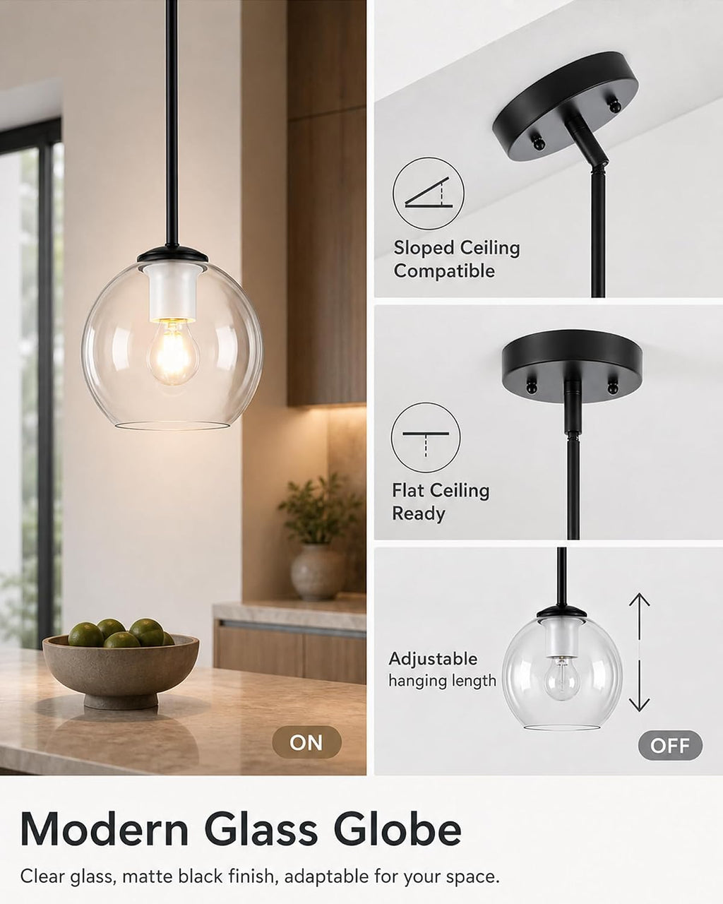 BTP Modern Glass Globe Pendant Light for Kitchen Island, Black Pendant Light Fixture with Adjustable Height Rods, Sloped Ceiling Compatible Clear Glass Hanging Light, E26 Base for Dining Room Foyer