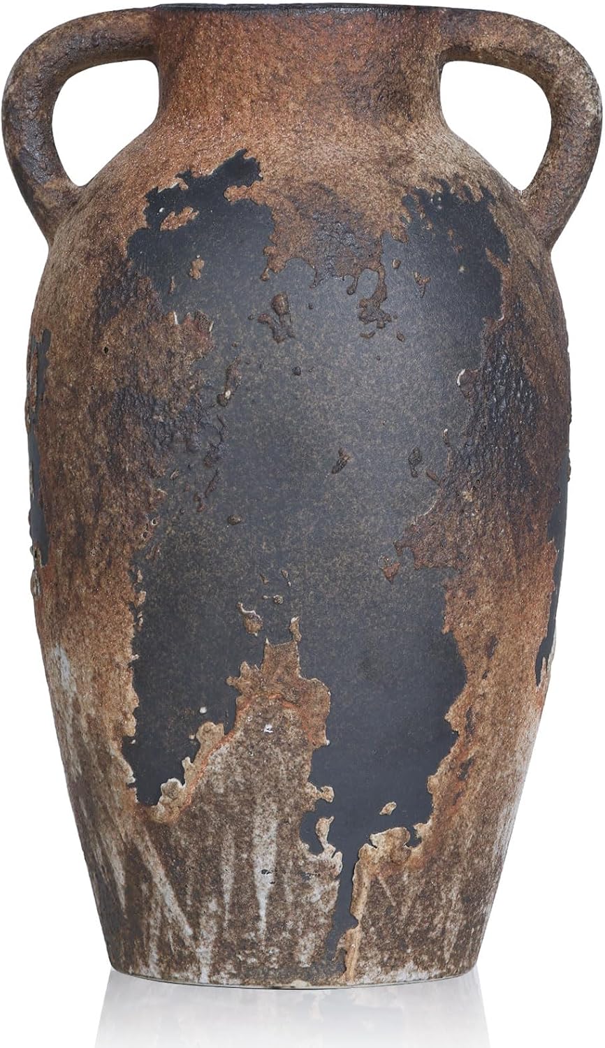 Rustic Ceramic Vase with Handles - 8.7 Inch Terracotta Wabi Sabi Decorative Flower Vase for Home Decor, Farmhouse Vintage Pottery Centerpiece for Table, Shelf Decor, Living Room or Entryway Decorative
