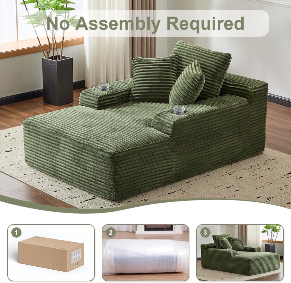 66" Oversized Chaise Lounge Sofa Chair Indoor, Modern Corduroy Single Sleeper Couch Chair with 3 Soft Pillows＆Cup Holder, Boneless Cloud Couch Single Seat Sofa Bed for Living Room Office (Green)
