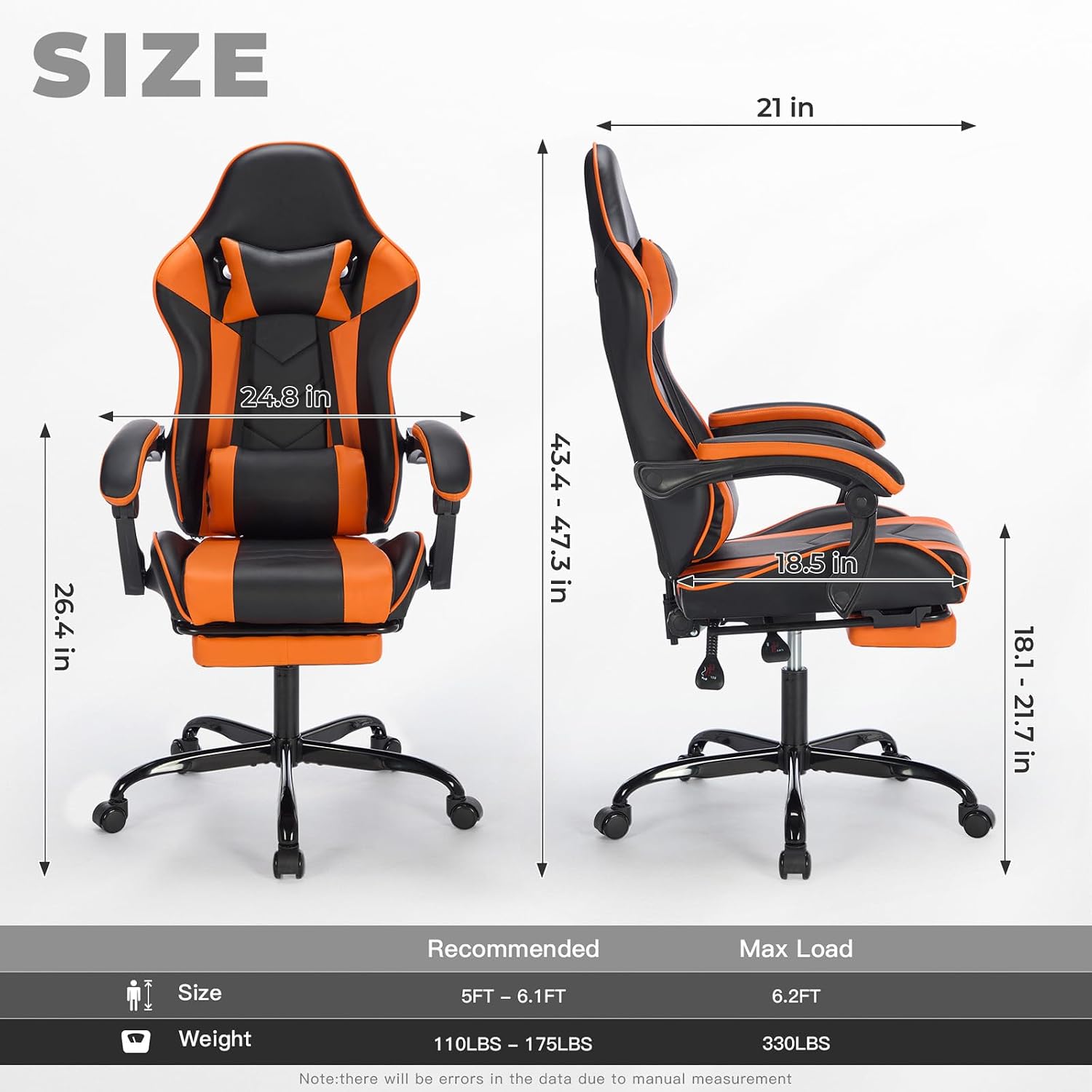 Leather Ergonomic Gaming Chair with Footrest, Comfy Orange Gaming Chair with Comfortable Headrest & Lumbar Support for Adults Women Men Boys Kids, 300 LBS Capacity (Black+Orange)