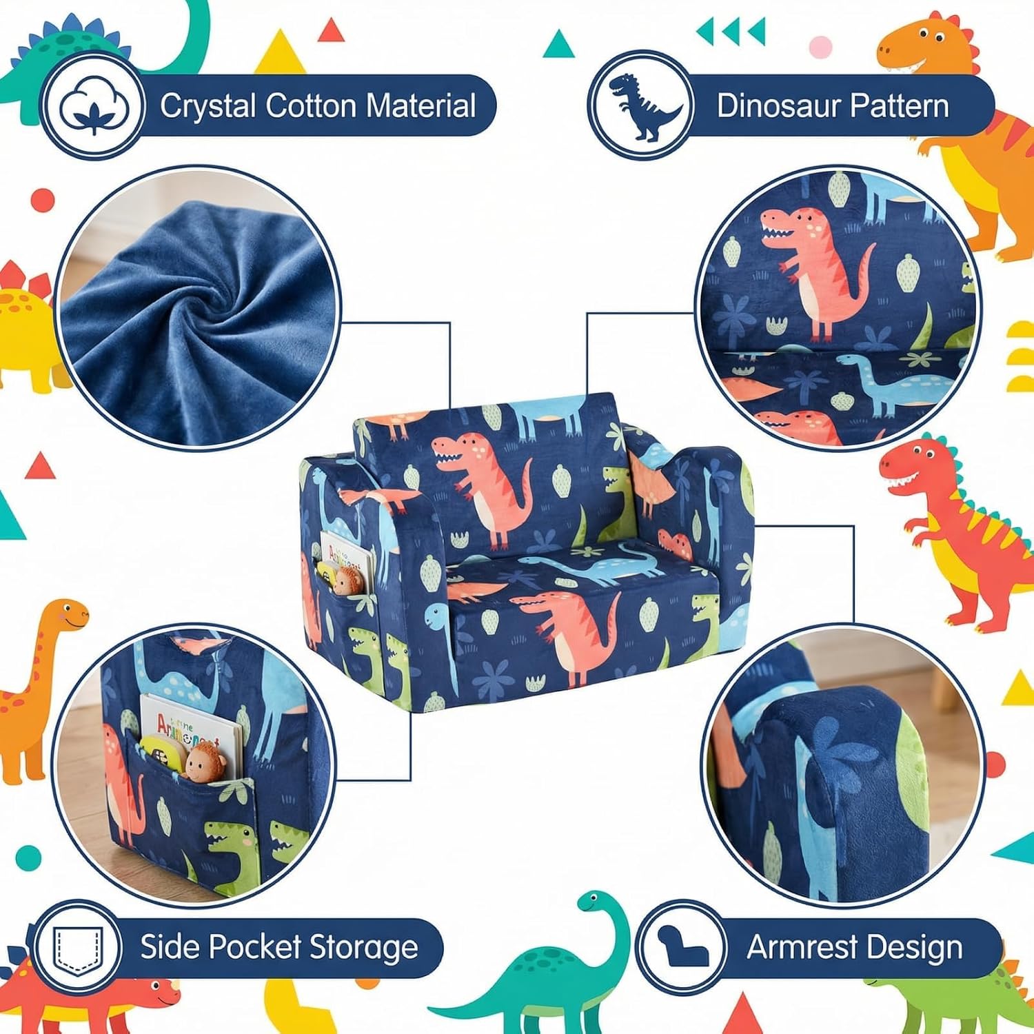 Kids Couch Sofa Toddler Sofa Dinosaur 2-in-1 Foldable Toddler Couch Bed Flip Open Kids Chair for Playroom Bedroom Gift Boys Girls
