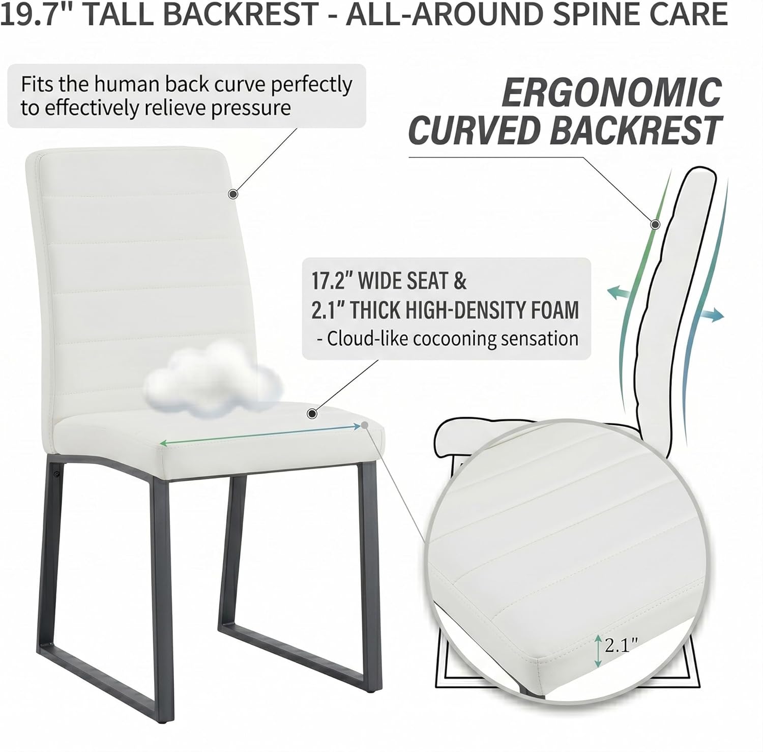 Modern Dining Chairs Set of 4, White Faux Leather Kitchen Chairs, Upholstered Armless Dining Room Chair with Black Mental Legs Heavy Duty, Comfortable (White Chairs, Set of 4)