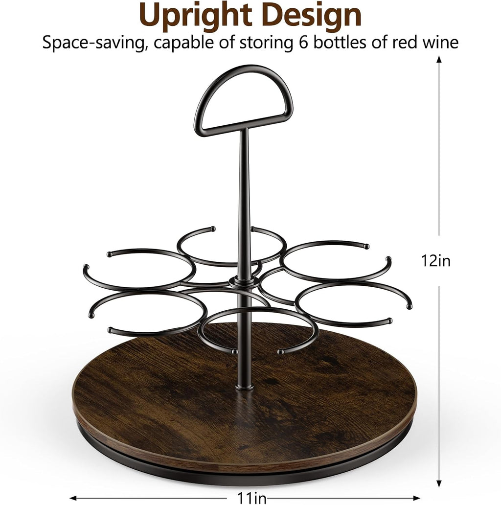 360° Rotating Wine and Coffe Syrup Bottle Rack, 6-Bottle Countertop Organizer with Non-Slip Base, Space-Saving Liquor and Syrup Bottle Display Shelves for Home Bar and Kitchen