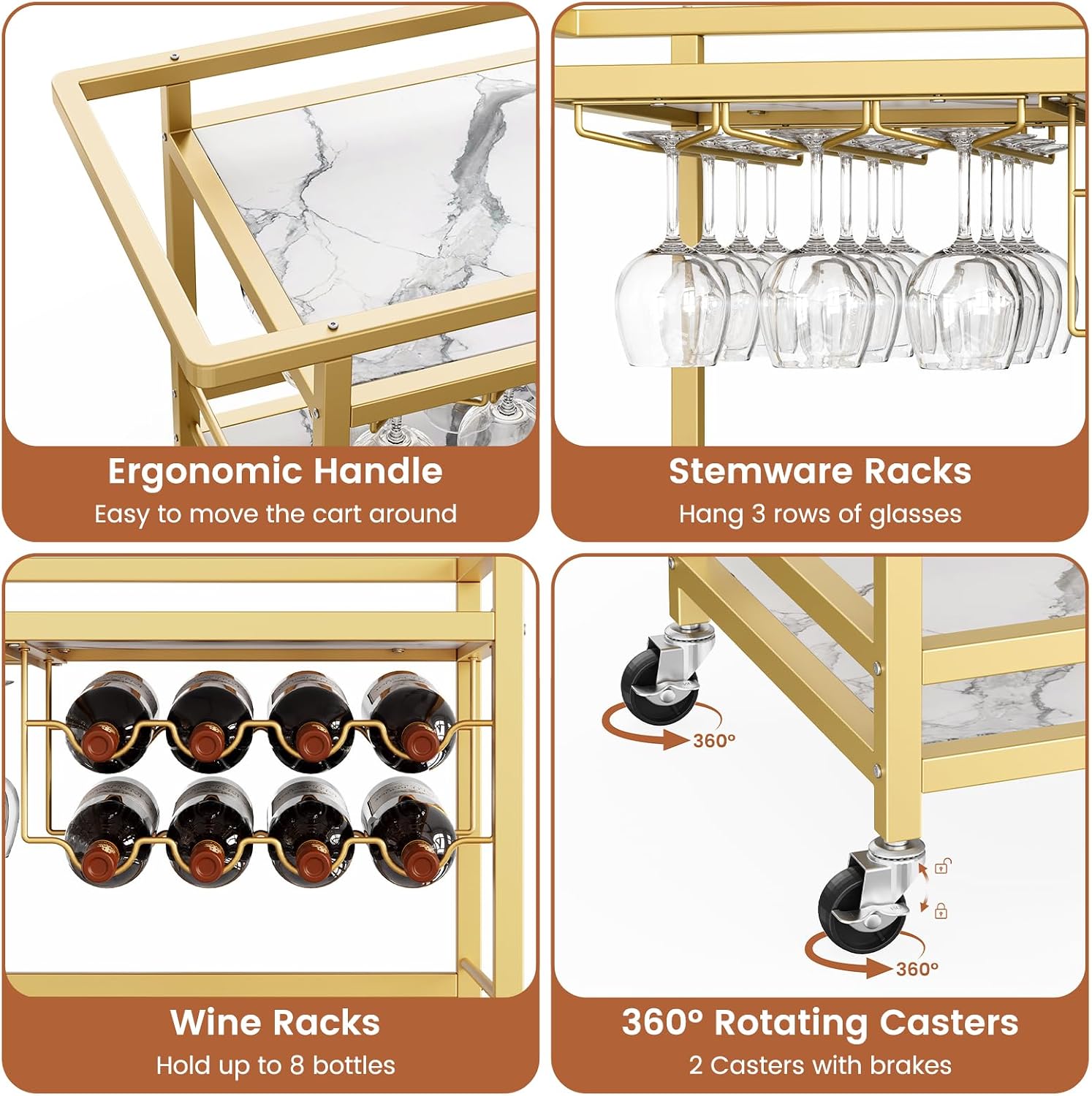 Leteuke Bar Cart for Home, 3 Tier Gold Serving Rolling Carts with Wheels, Drink Cart, Liquor Stand with Marbled Wooden Shelves, Wine Rack and Glass Holder for Kitchen, Dining Room