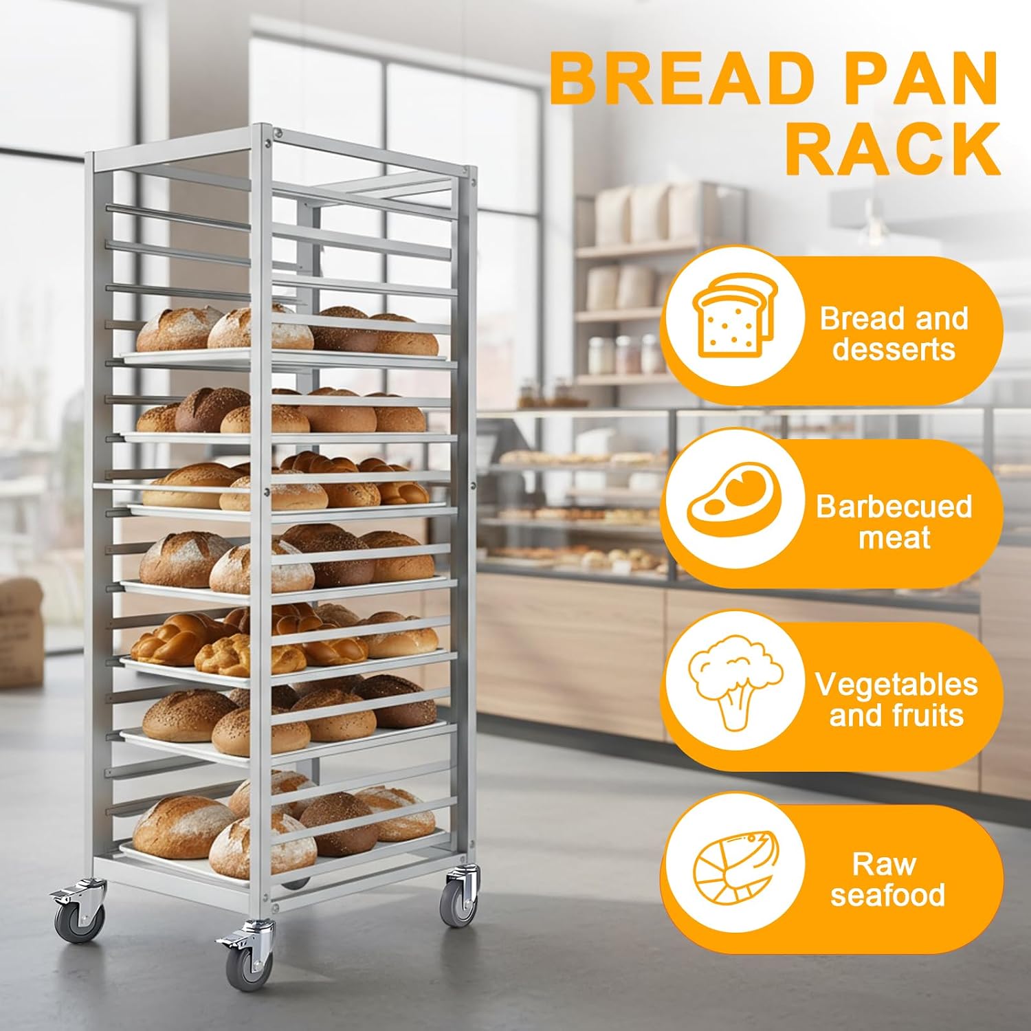 Bun Pan Rack,18 Tier Aluminum Commercial Bakery Racks with 4 Wheels, Home Commercial Kitchen Bakery Cooling Rack for Restaurant Cafeteria Pizzeria, 18.5" W x 24.6" Lx 70" H