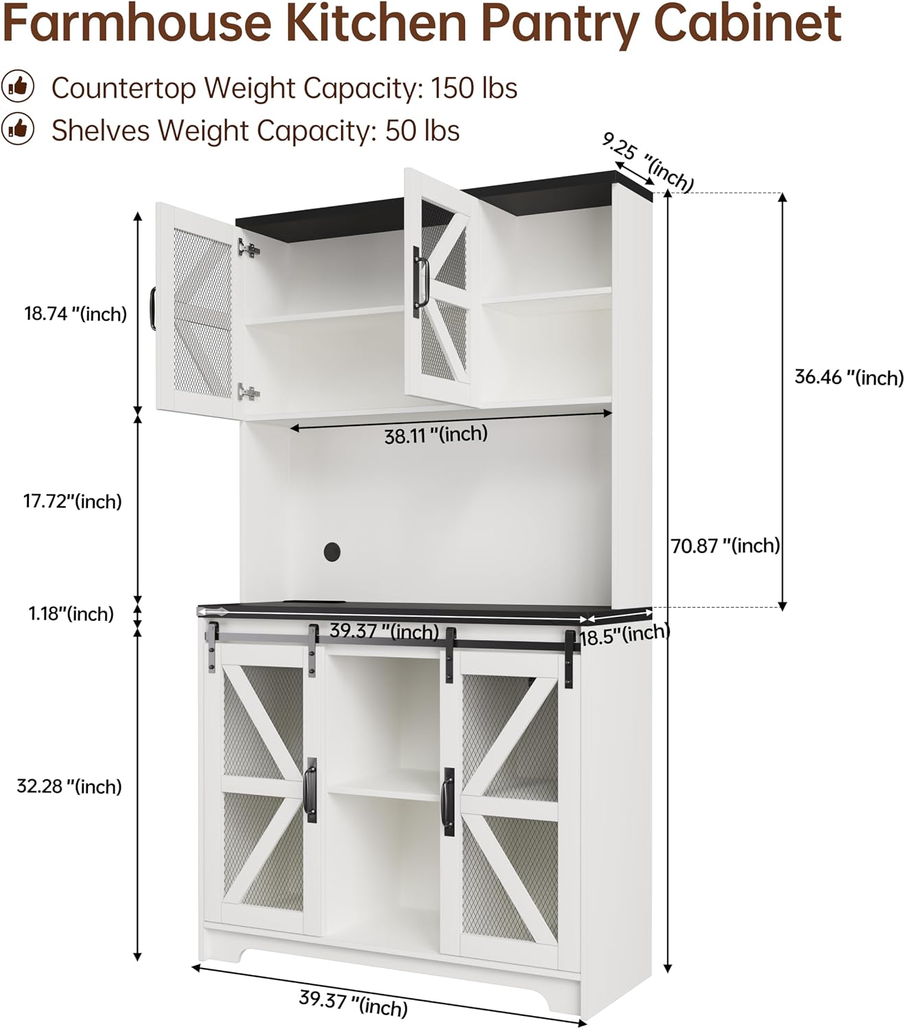 71" Tall Farmhouse Pantry Storage Cabinet With LED Lights and Charging Station, Adjustable Shelves, Sliding Doors, Kitchen Cupboard, White